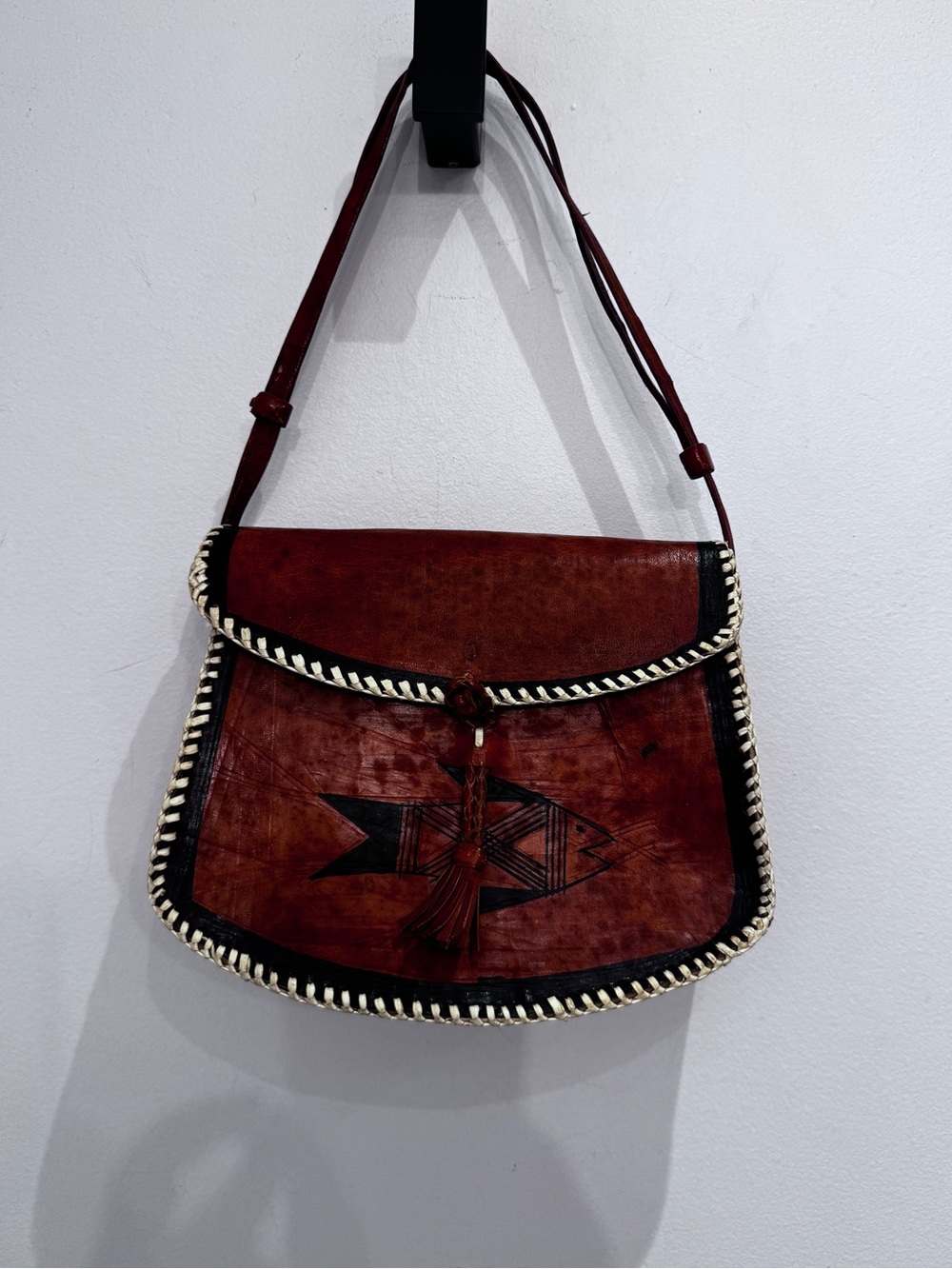 Native Handcrafted Brown Leather Shoulder Bag with Tassel Detail
